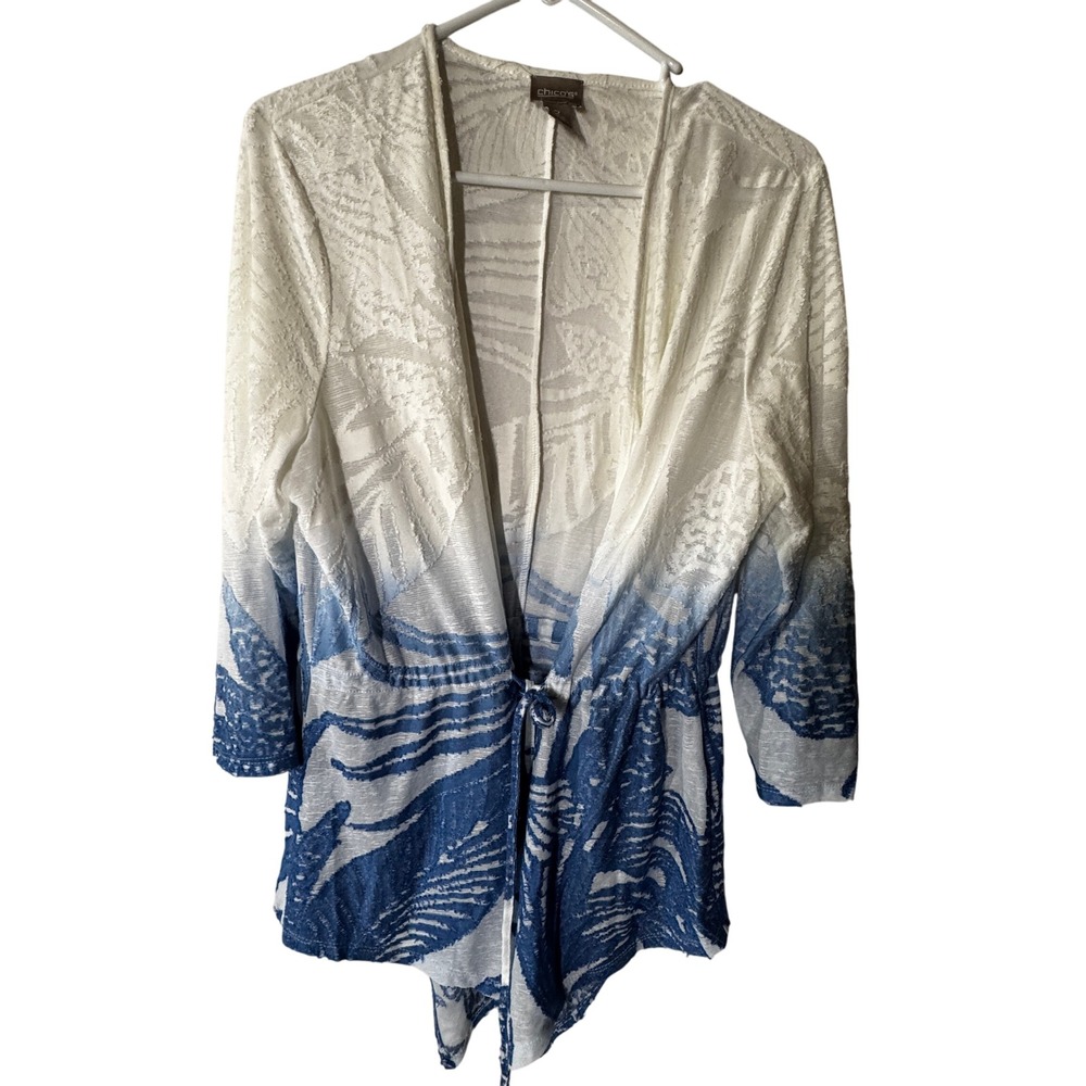 Chico's White Blue Tropical Print Open Front Cardigan Cover Up Size 2